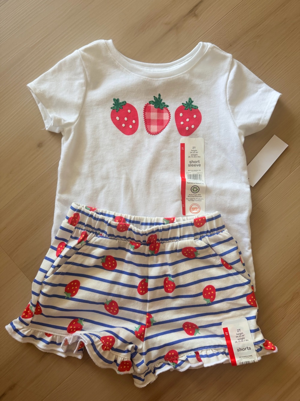Kids White Strawberry Print Short Sleeve Top & Blue Stripe Shorts Set